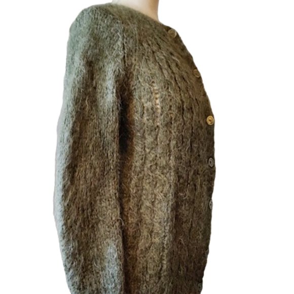 Olive Green 1960s Vintage Wool Mohair Hand Knit Cardigan Sweater Large Size - Picture 2 of 7
